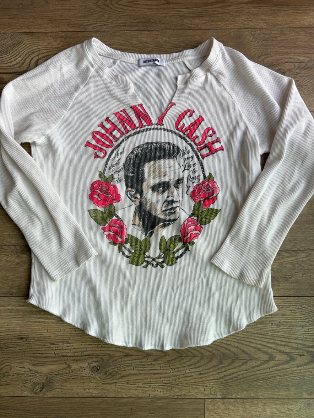Daydreamer Johnny Cash Graphic Thermal Top with Pink Rose Print